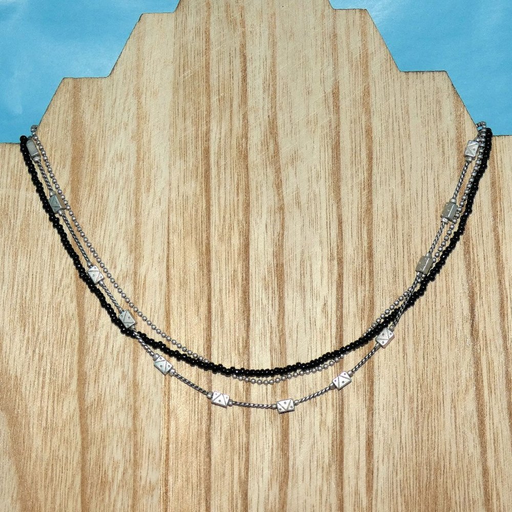 Vintage Multi Layer Necklace Black Beads Silver Tone Ball Chain Signed pH